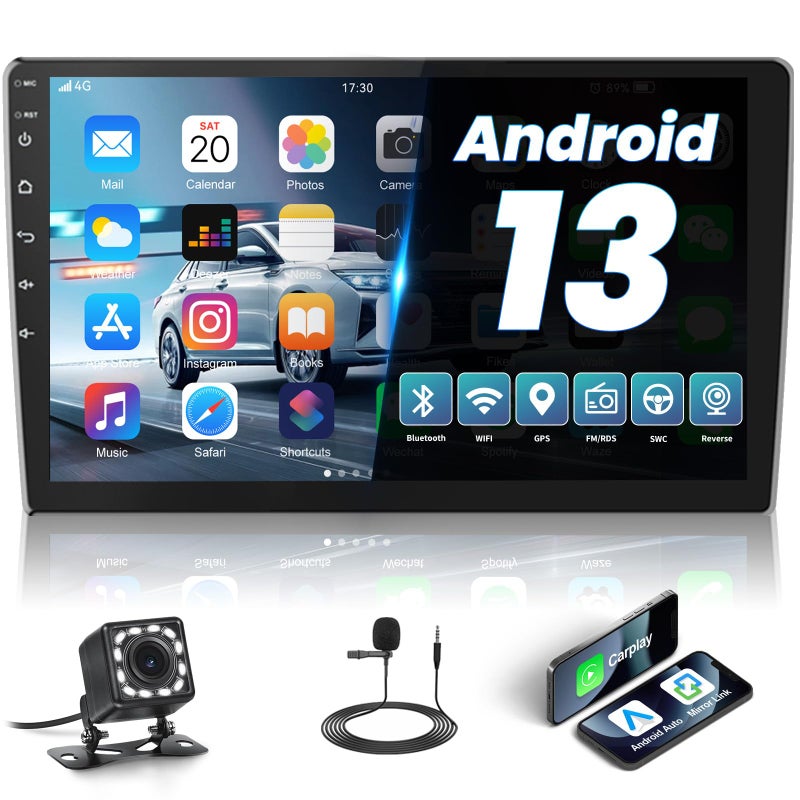 AMprime Android Double Din Car Stereo with Apple Carplay 10.1'' Touchscreen Car Radio Support Bluetooth, WiFi, GPS, FM, SWC + Rear Camera & External Microphone - Image 1
